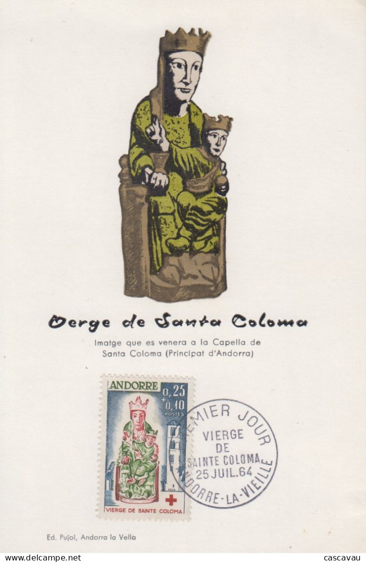 Carte  Maximum   1er  Jour    ANDORRE    ANDORRA    Vierge  De  Sainte  Coloma   CROIX  ROUGE   1964 - Cartas Máxima