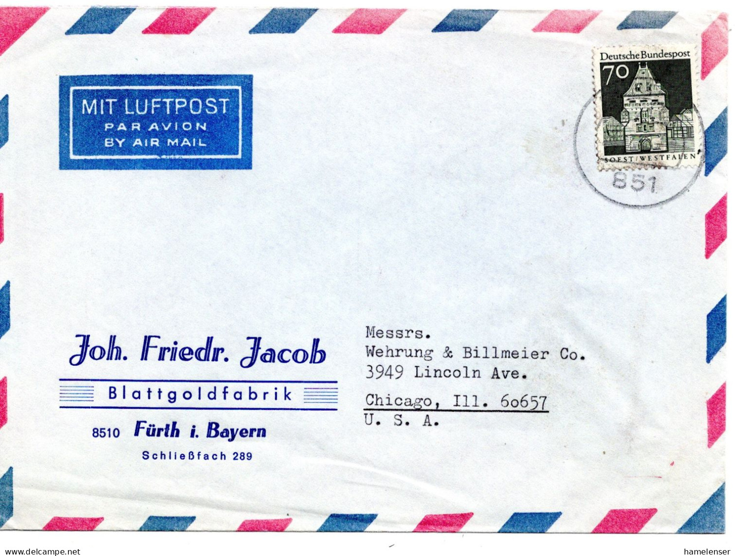 70232 - Bund - 1971 - 70Pfg Gr.Bauten EF A LpBf FUERTH -> Chicago, IL (USA) - Storia Postale