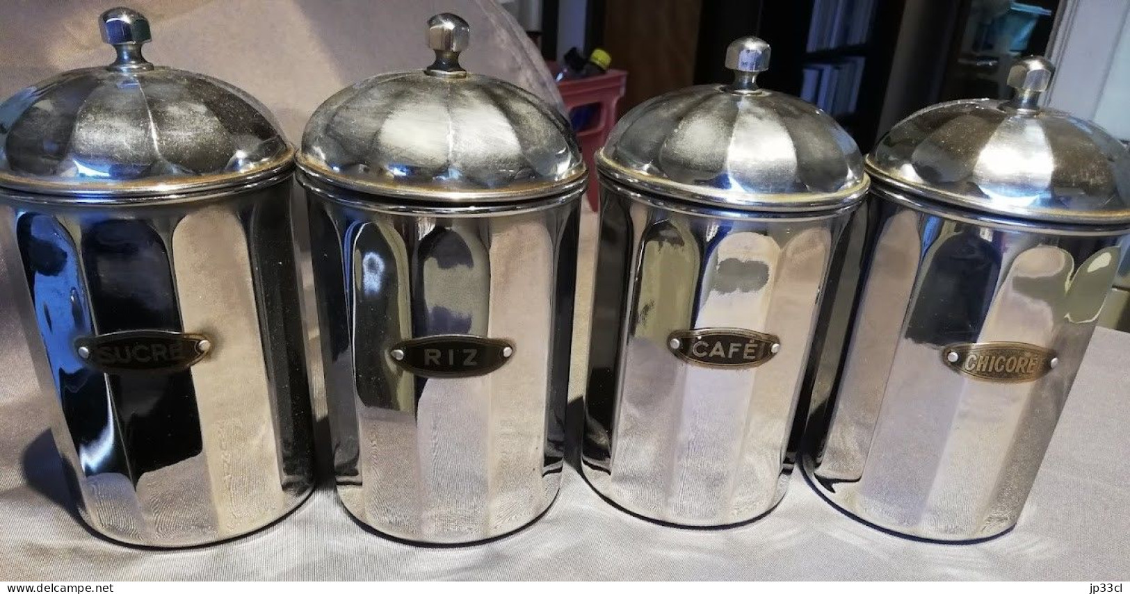 Lot De 4 Pots Vintage En Métal Chromé Pour Café, Chicorée, Sucre Et Riz - Sonstige & Ohne Zuordnung