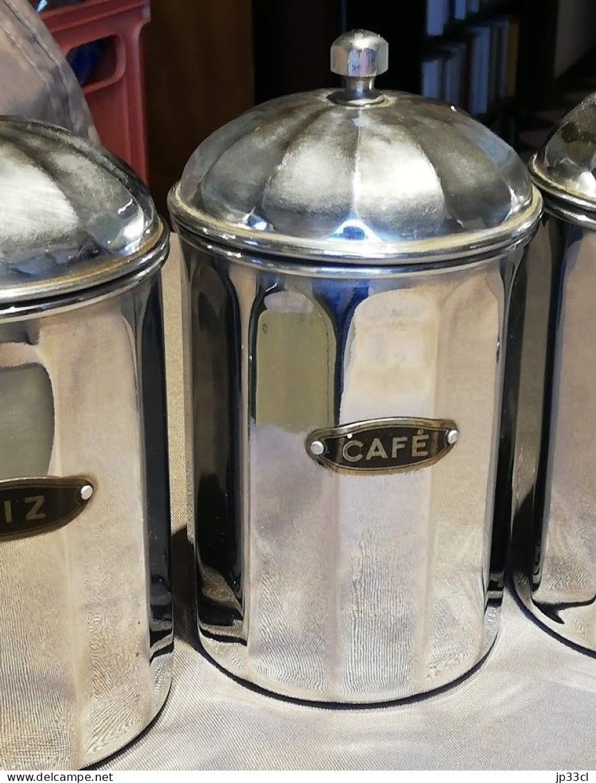 Lot De 4 Pots Vintage En Métal Chromé Pour Café, Chicorée, Sucre Et Riz - Andere & Zonder Classificatie
