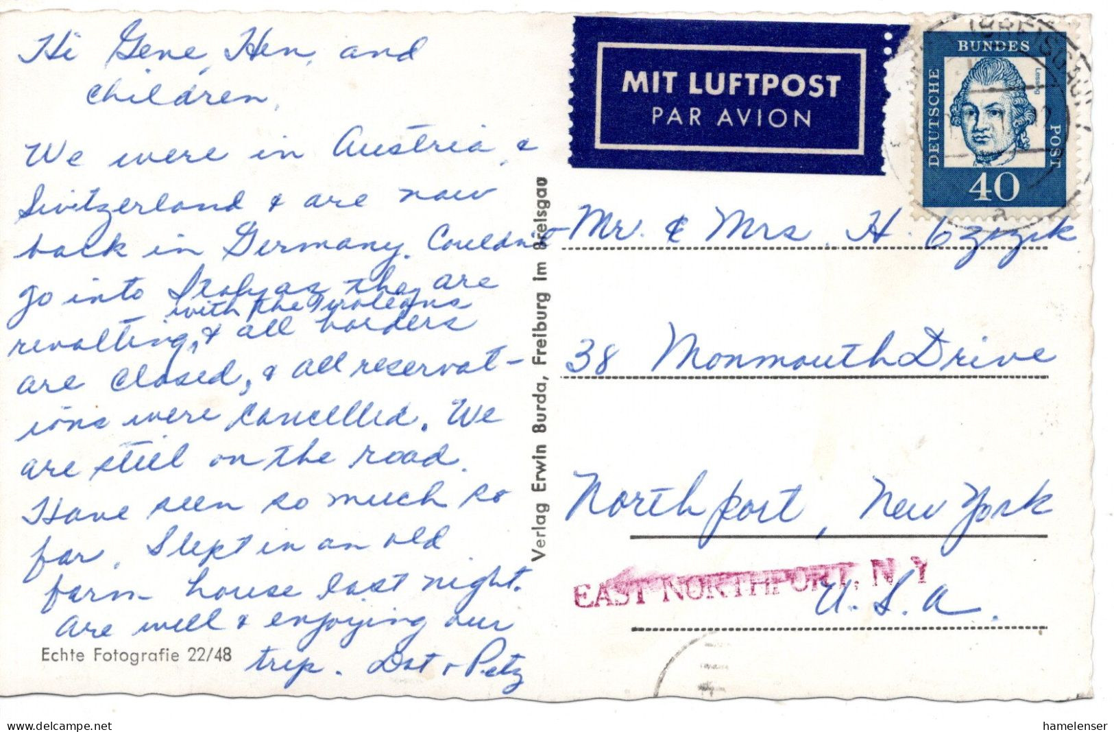 70234 - Bund - 1961 - 40Pfg Lessing EF A LpAnsKte FREIBURG -> East Northport, NY (USA) - Cartas & Documentos