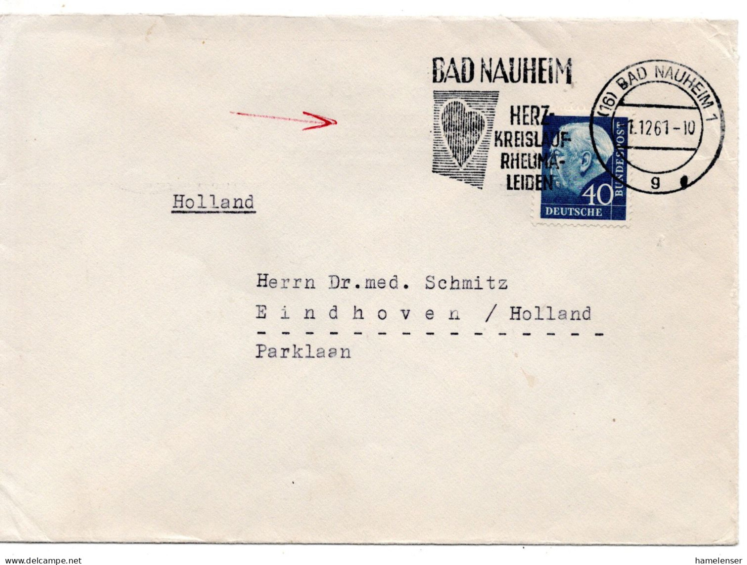 70235 - Bund - 1961 - 40Pfg Heuss II EF A Bf BAD NAUHEIM - ... -> Niederlande - Cartas & Documentos