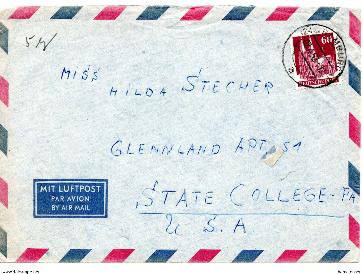 70236 - Bund - 1952 - 60Pfg Bauten EF A LpBf HAMBURG -> State College, PA (USA) - Covers & Documents