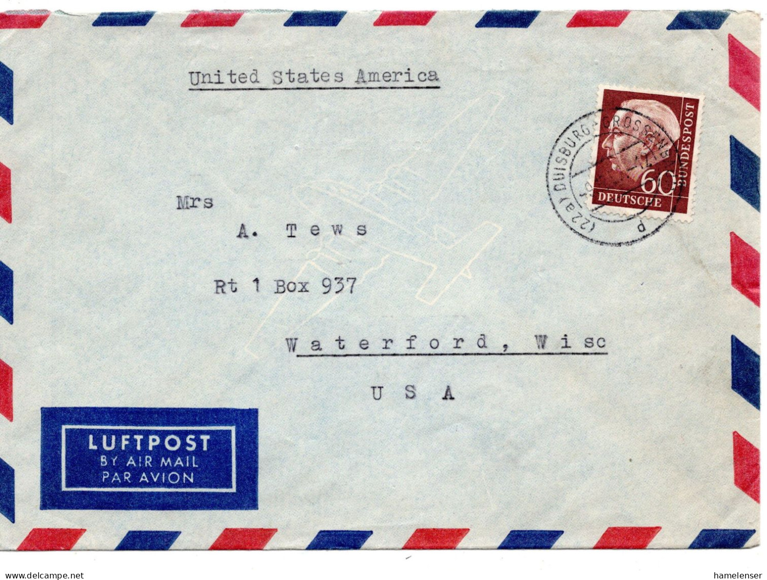 70237 - Bund - 1957 - 60Pfg Heuss I EF A LpBf DUISBURG -> Waterford, WI (USA) - Storia Postale