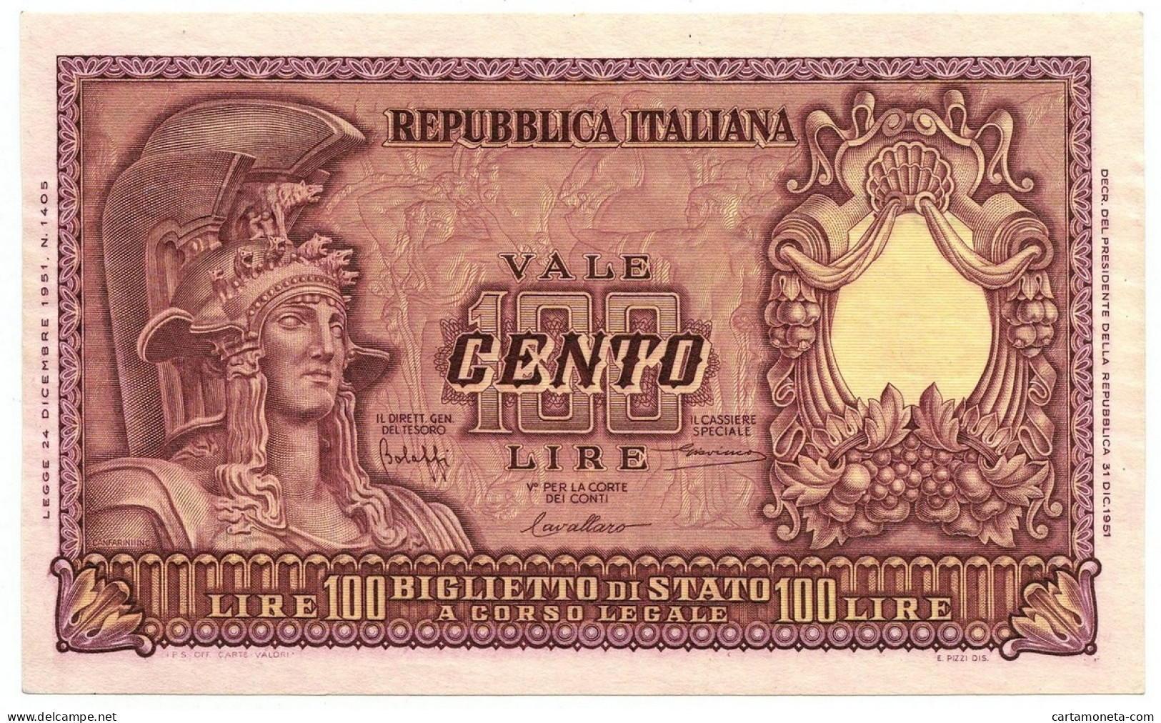 100 LIRE BIGLIETTO DI STATO ITALIA ELMATA BOLAFFI 31/12/1951 SUP+ - Andere & Zonder Classificatie