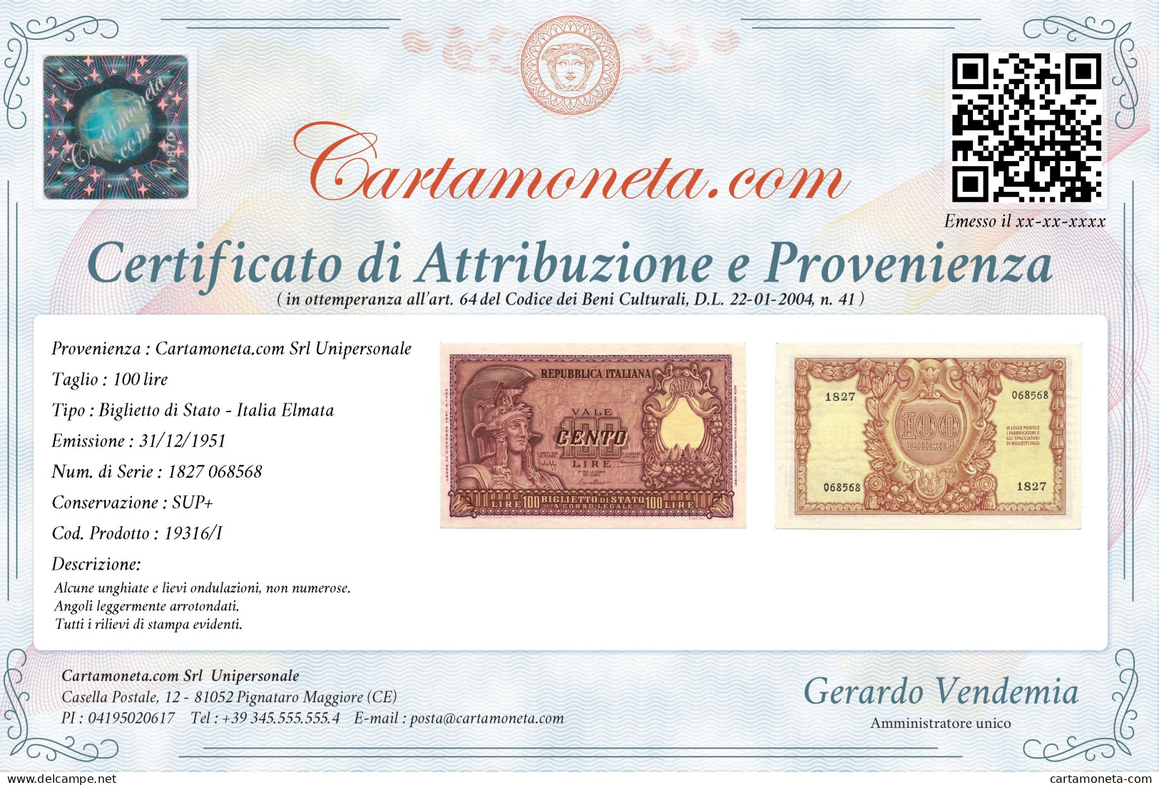 100 LIRE BIGLIETTO DI STATO ITALIA ELMATA BOLAFFI 31/12/1951 SUP+ - Andere & Zonder Classificatie