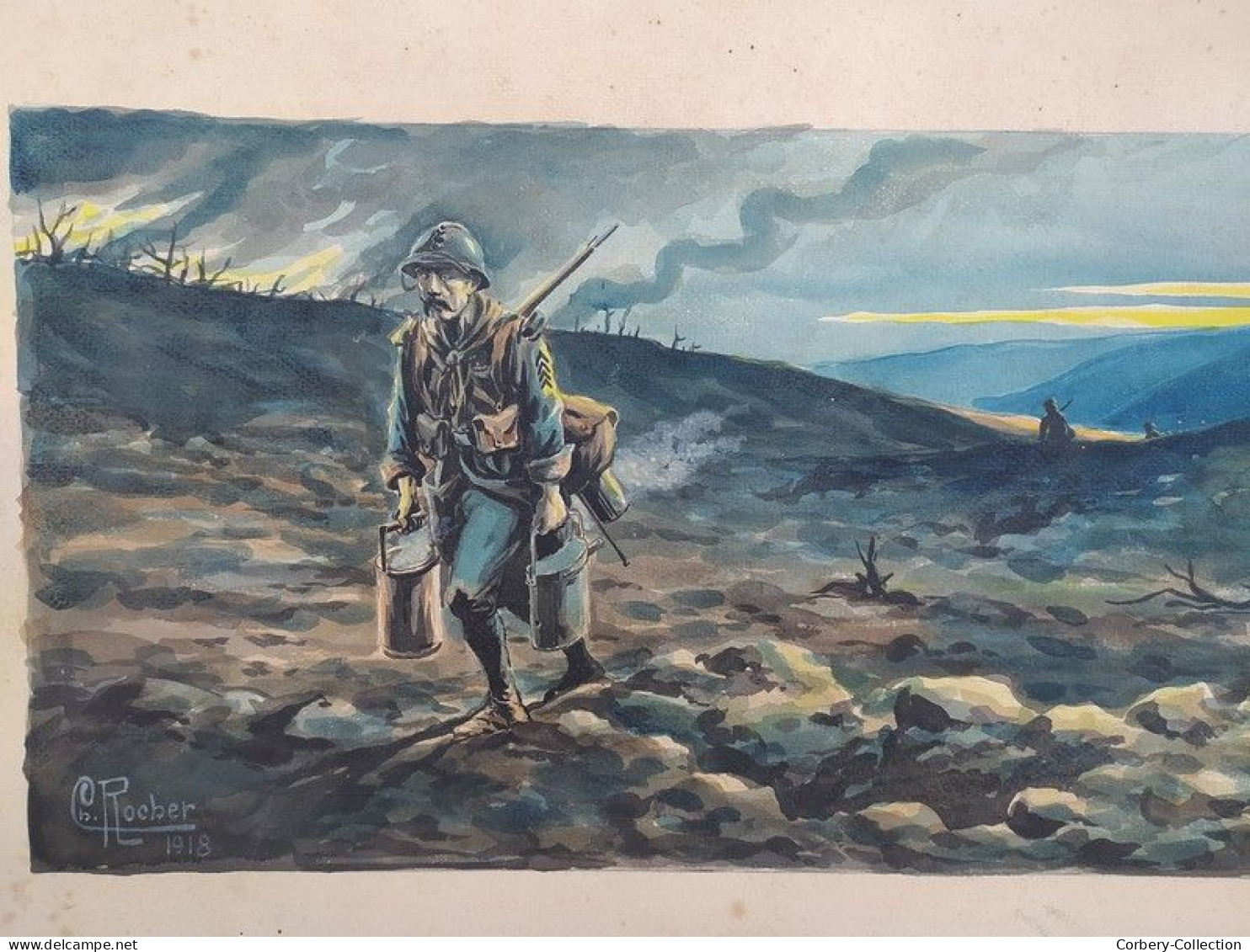 Charles Rocher De Gérigné Dessin Aquarelle Soldat Poilu Au Front 14-18 WW1 - 1914-18