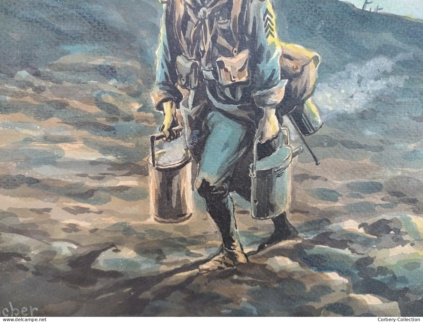 Charles Rocher de Gérigné Dessin Aquarelle Soldat Poilu au Front 14-18 WW1