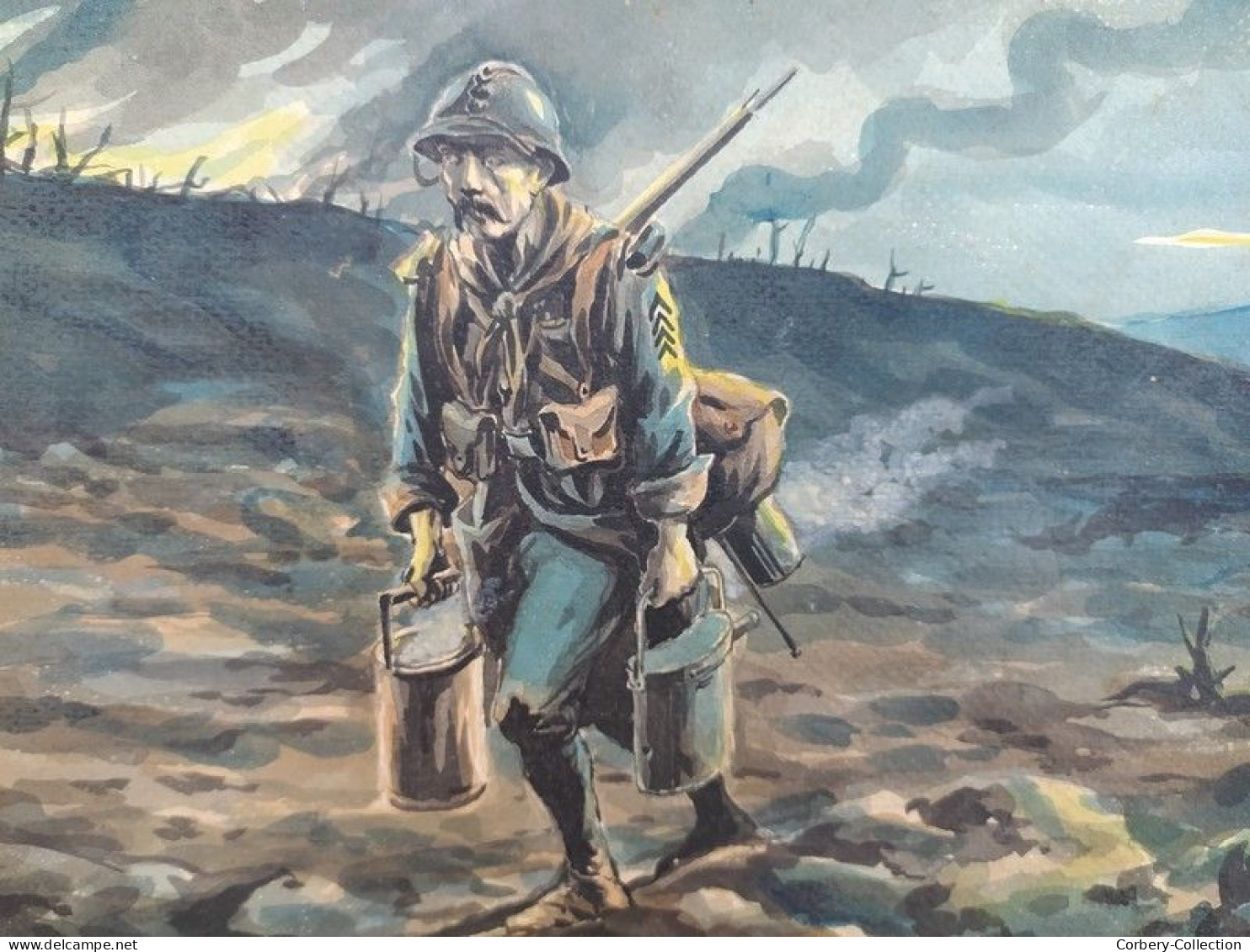 Charles Rocher de Gérigné Dessin Aquarelle Soldat Poilu au Front 14-18 WW1