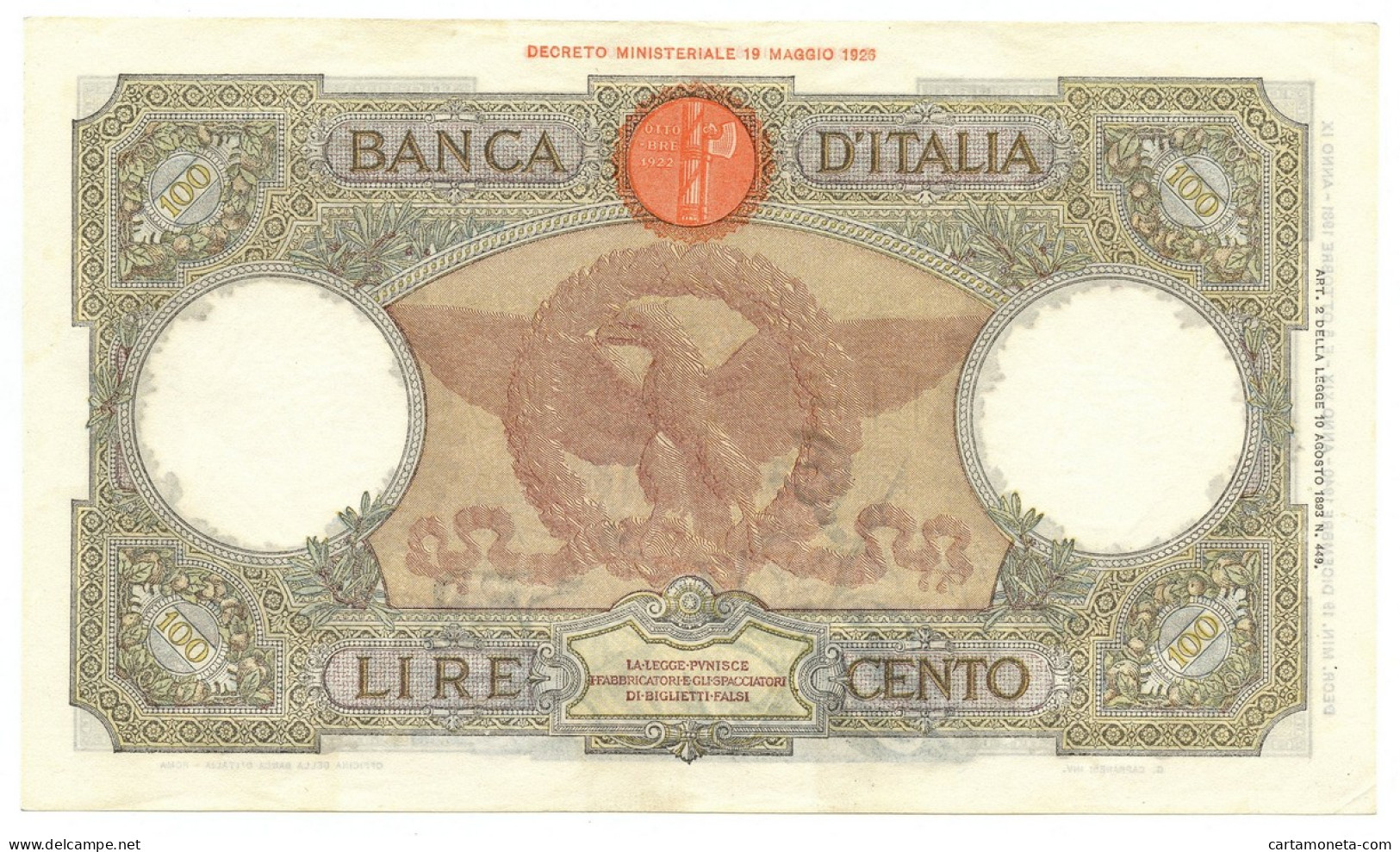 100 LIRE CAPRANESI AQUILA ROMANA TESTINA FASCIO ROMA 19/12/1940 QSPL - Andere