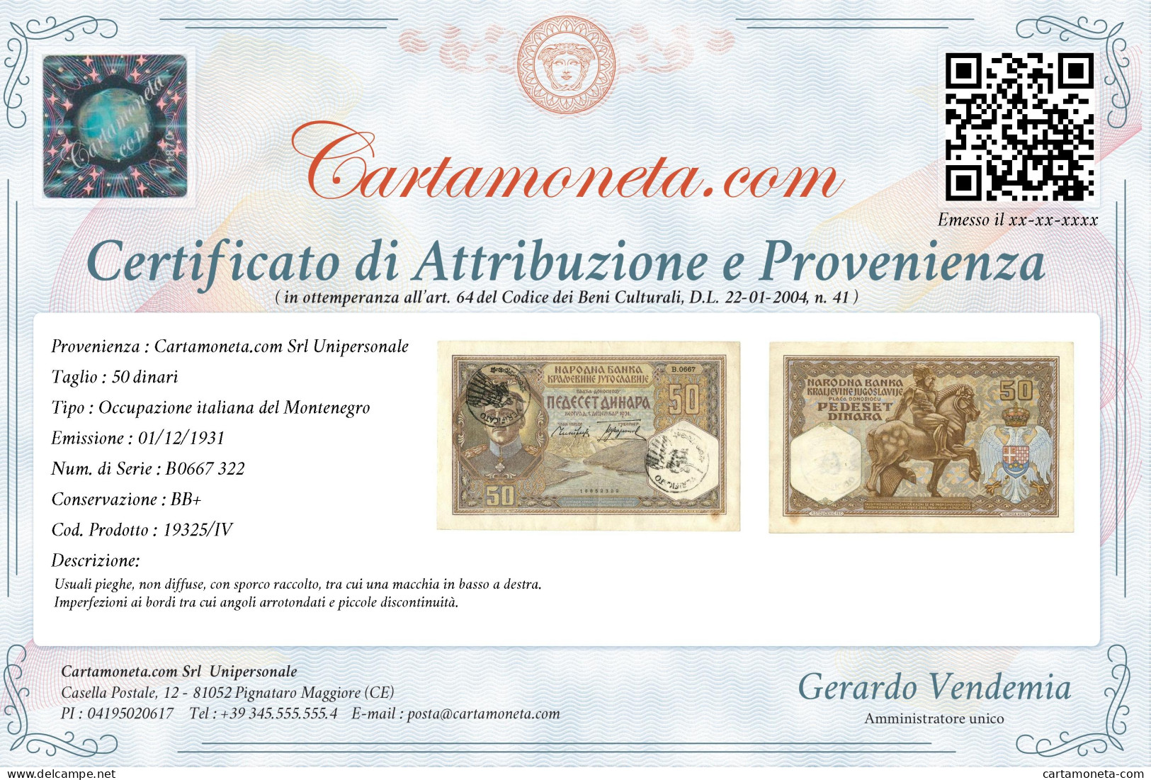 50 DINARI OCCUPAZIONE ITALIANA DEL MONTENEGRO "VERIFICATO" 01/12/1931 BB+ - Sonstige & Ohne Zuordnung