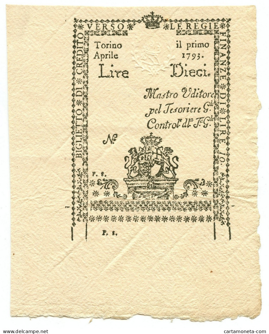 10 LIRE PROVA REGIE FINANZE TORINO REGNO DI SARDEGNA 01/04/1793 SUP - Autres & Non Classés