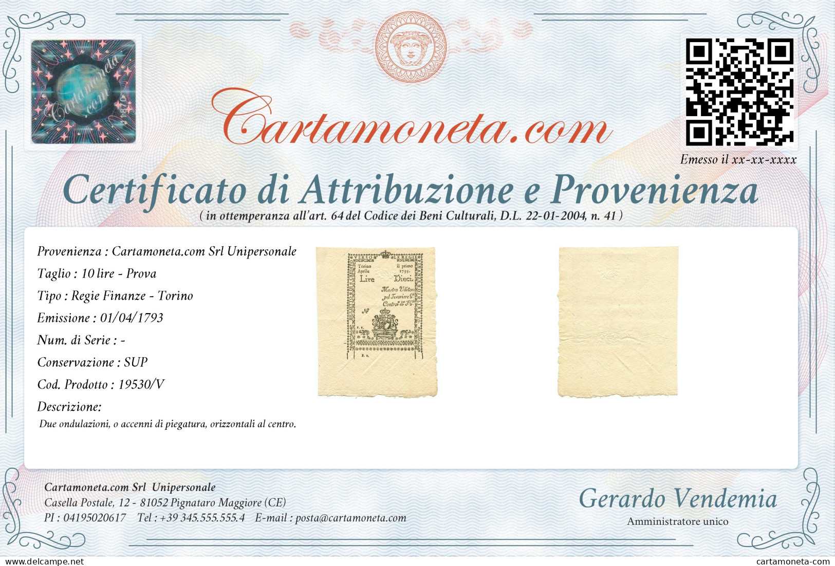 10 LIRE PROVA REGIE FINANZE TORINO REGNO DI SARDEGNA 01/04/1793 SUP - Sonstige & Ohne Zuordnung