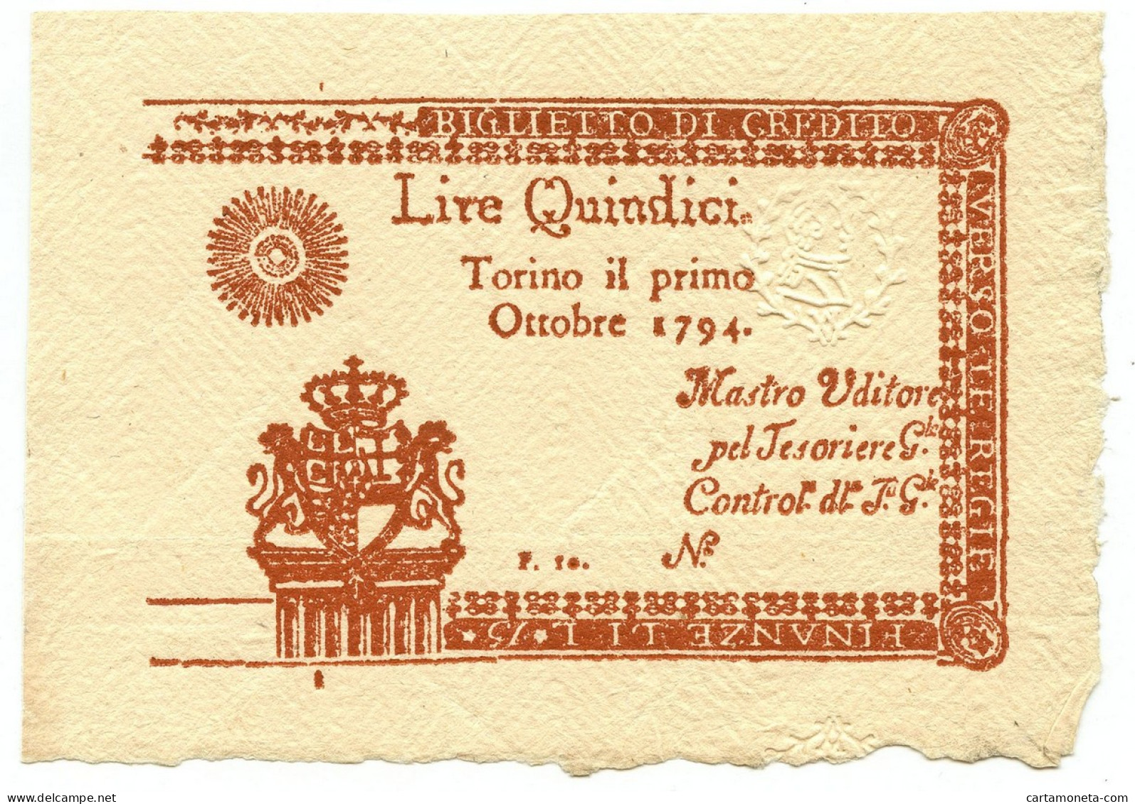 15 LIRE PROVA REGIE FINANZE TORINO REGNO DI SARDEGNA 01/10/1794 SUP+ - Otros & Sin Clasificación