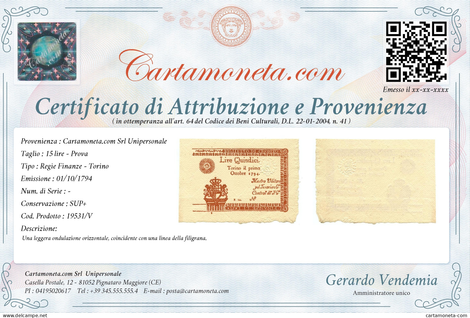 15 LIRE PROVA REGIE FINANZE TORINO REGNO DI SARDEGNA 01/10/1794 SUP+ - Other & Unclassified