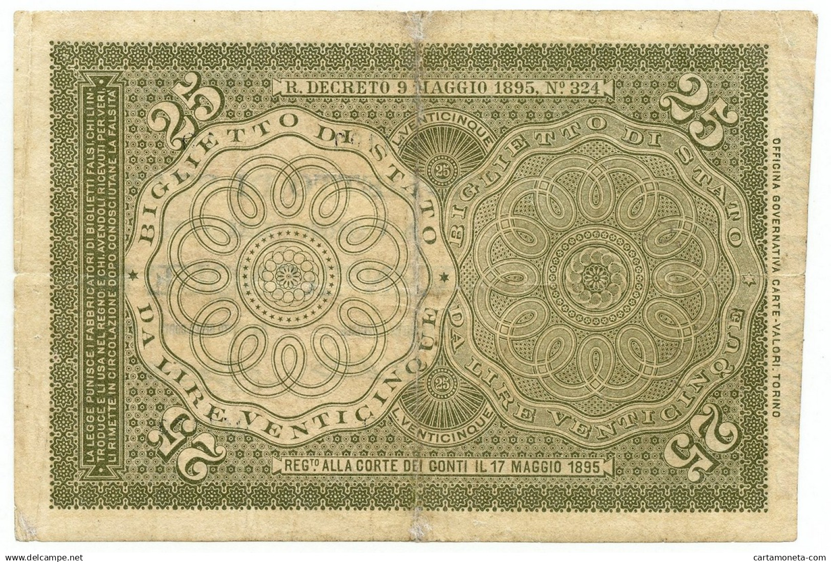 25 LIRE BIGLIETTO DI STATO REGNO UMBERTO I ITALIA TURRITA 21/07/1895 QBB - Sonstige