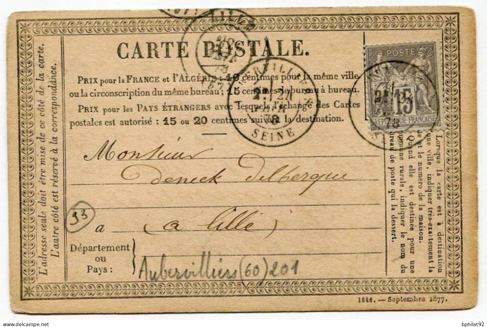 !!! CARTE PRECURSEUR TYPE SAGE T1 CACHET D'AUBERVILLIERS (SEINE ST DENIS) 1878 - Cartes Précurseurs