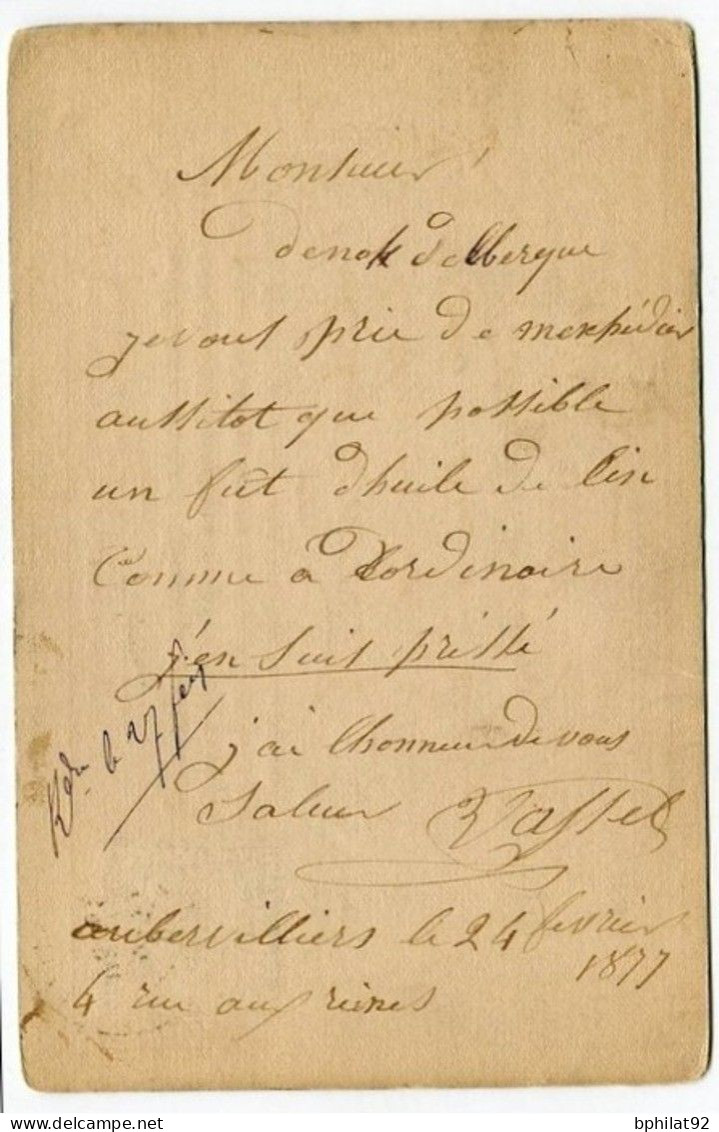 !!! CARTE PRECURSEUR TYPE SAGE T1 CACHET D'AUBERVILLIERS (SEINE ST DENIS) 1878 - Cartes Précurseurs