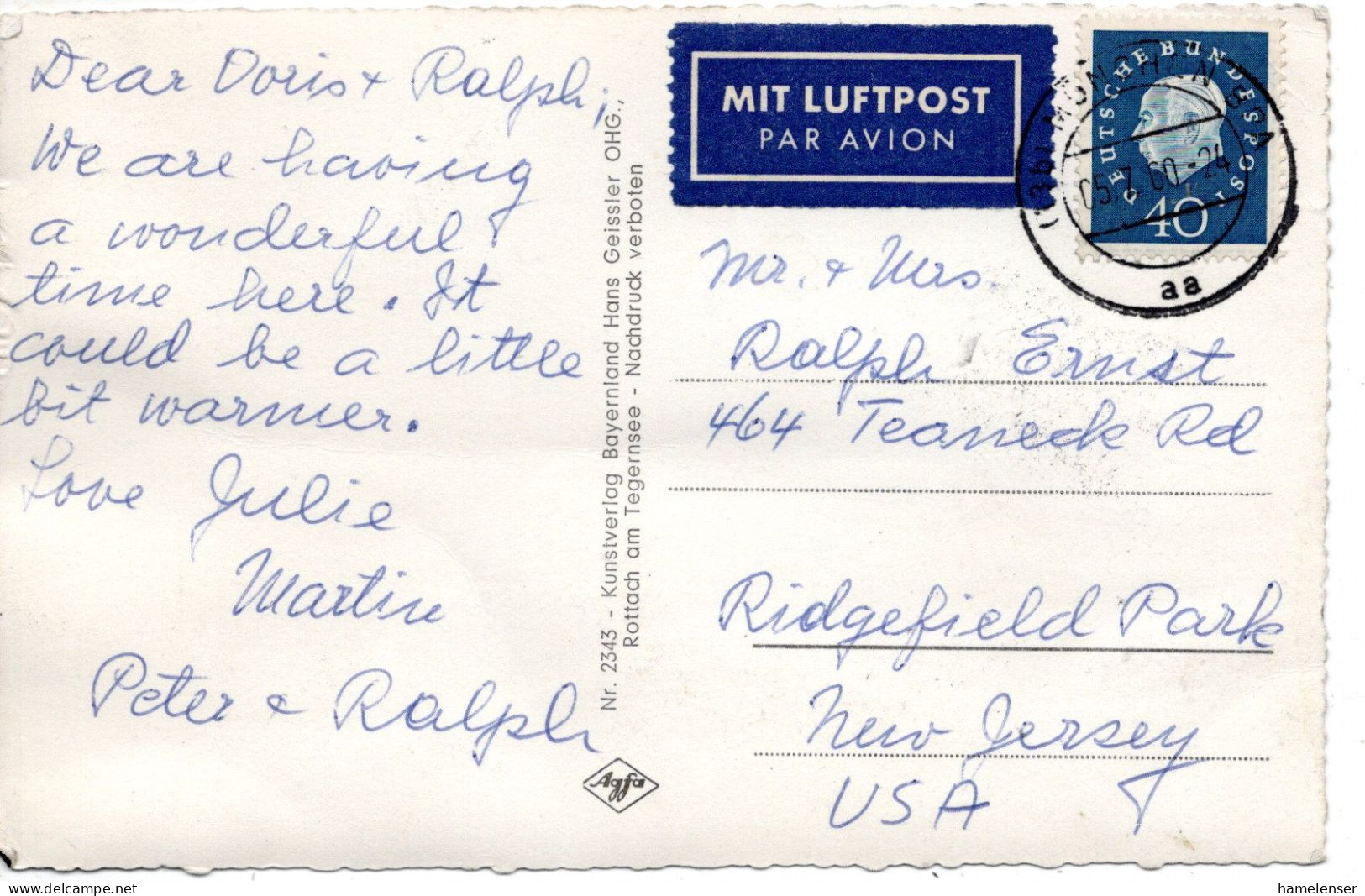 70240 - Bund - 1960 - 40Pfg Heuss III EF A LpAnsKte MUENCHEN -> Ridgefield Park, NJ (USA) - Covers & Documents