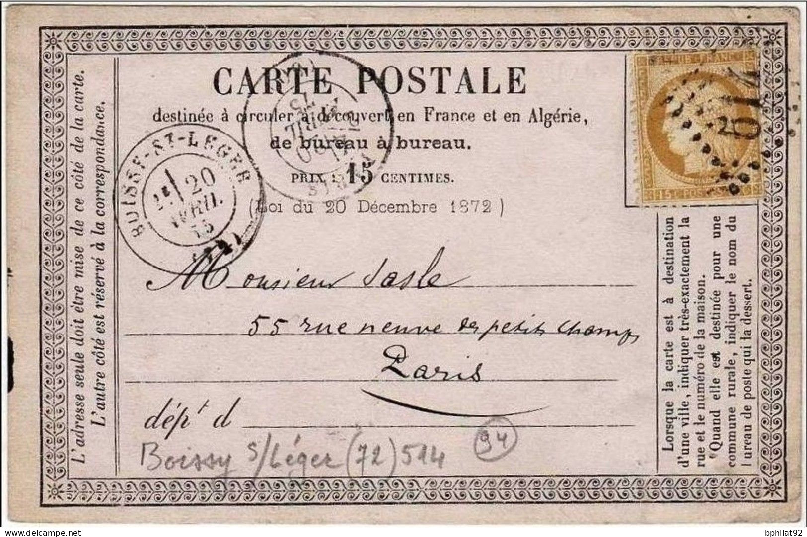 !!! CARTE PRECURSEUR CERES GC 514 ET CACHET DE BOISSY SAINT LEGER ( VAL DE MARNE ) 1875 - Cartes Précurseurs