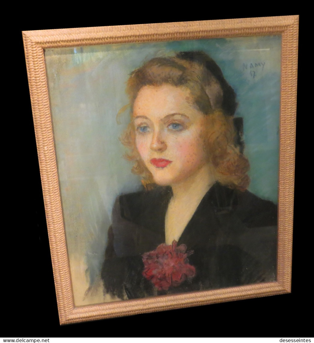 [Pastel Signé NAMY] Portrait De Jeune Femme. - Pastels