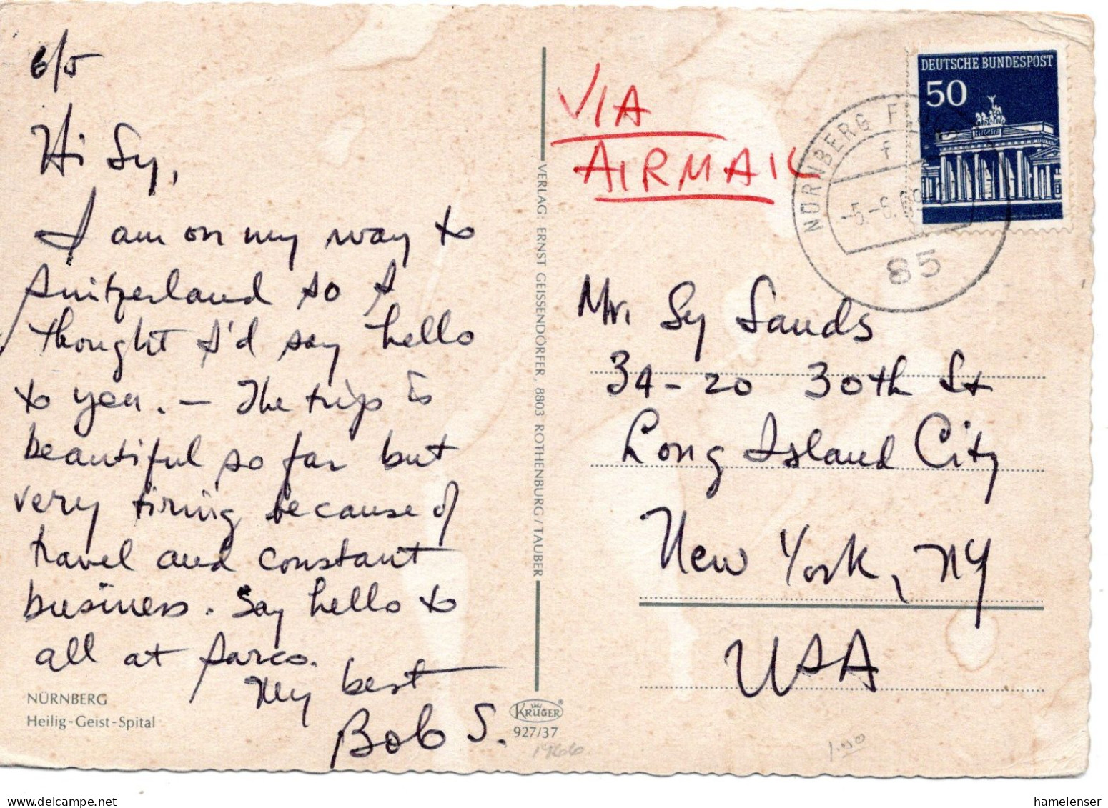 70244 - Bund - 1969 - 50Pfg Brandenburger Tor EF A LpAnsKte NUERNBERG -> New York, NY (USA) - Storia Postale