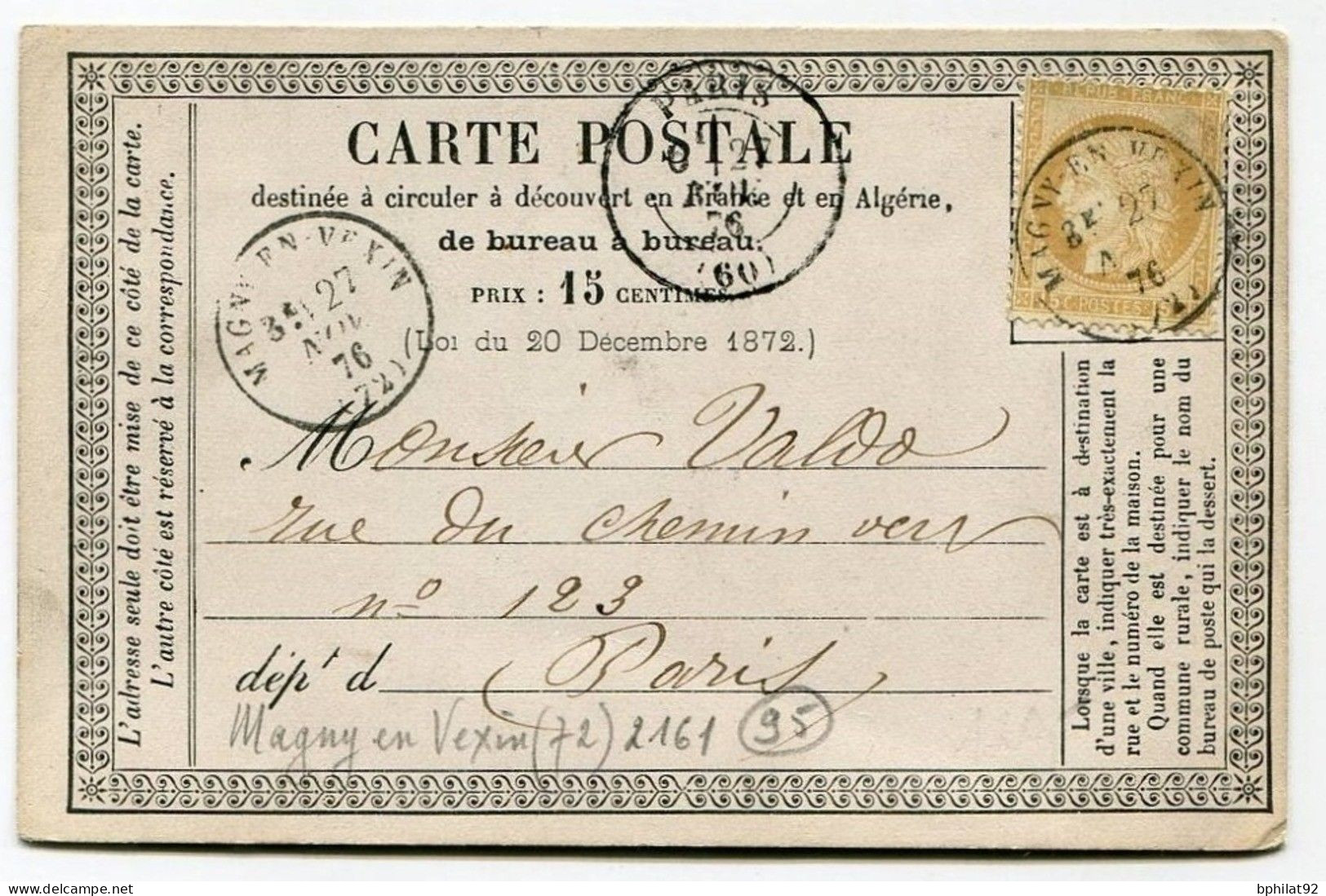 !!! CARTE PRECURSEUR CERES CACHET DE MAGNY EN VEXIN (VAL D'OISE) 1876 - Precursor Cards