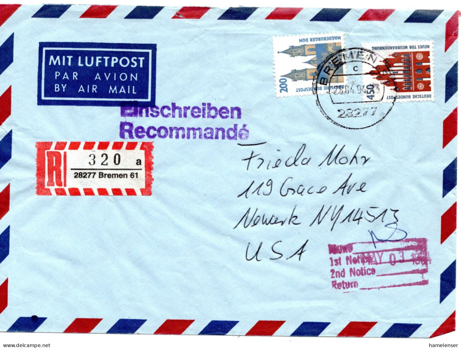 70246 - Bund - 1994 - 450Pfg SWK MiF A R-LpBf BREMEN -> Newark, NY (USA) - Briefe U. Dokumente
