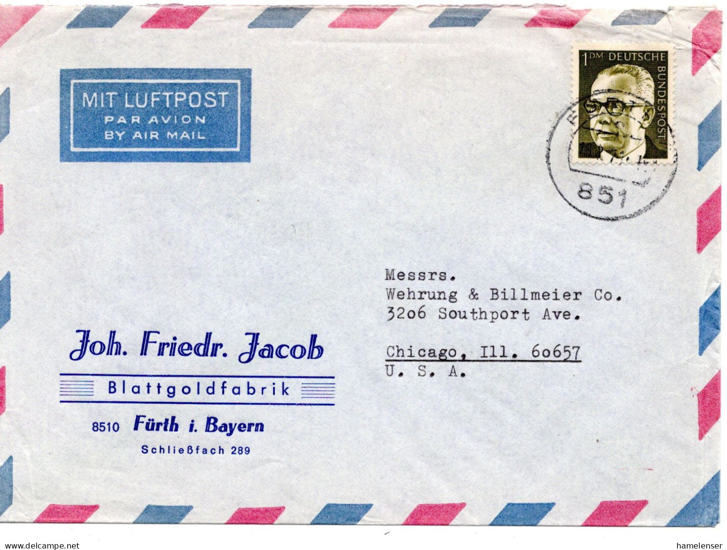 70247 - Bund - 1971 - 1DM Heinemann EF A LpBf FUERTH -> Chicago, IL (USA) - Lettres & Documents