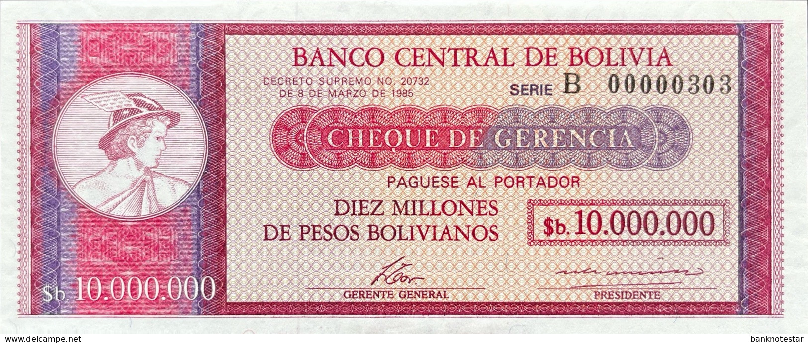 Bolivia 10.000.000 Pesos Bolivianos, P-192B (D.1985) - B0000303 - UNC - RARE - Bolivia