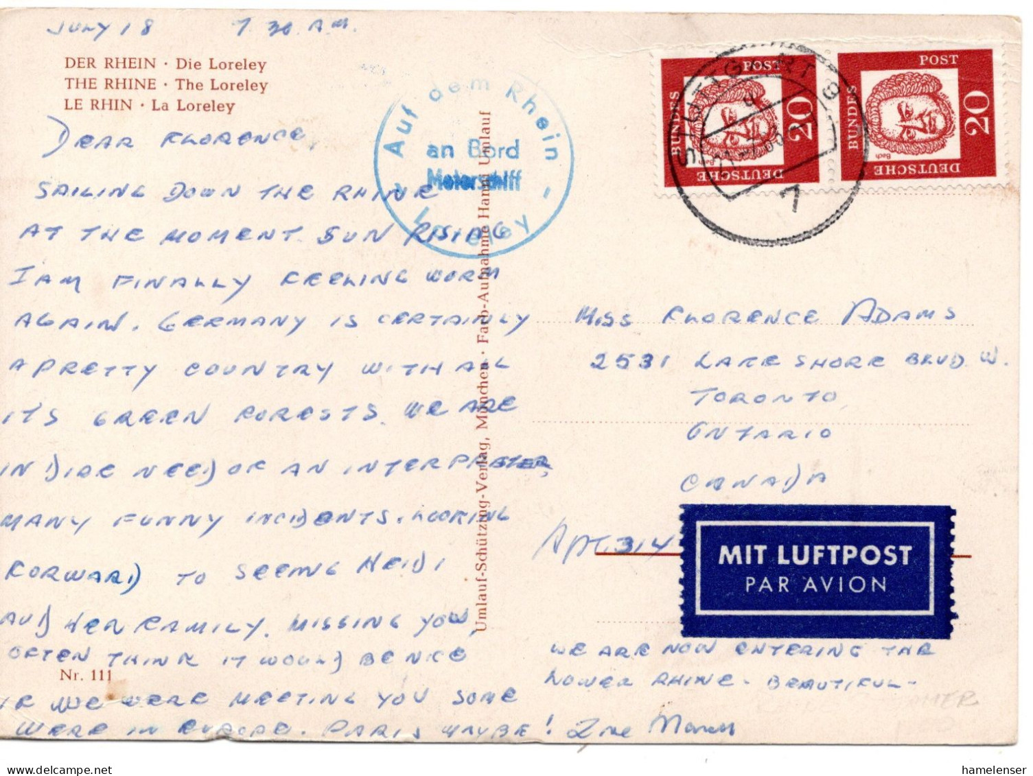 70255 - Bund - 1963 - 2@20Pfg Bach A LpAnsKte STUTTGART -> Toronto, ON (Canada) - Storia Postale