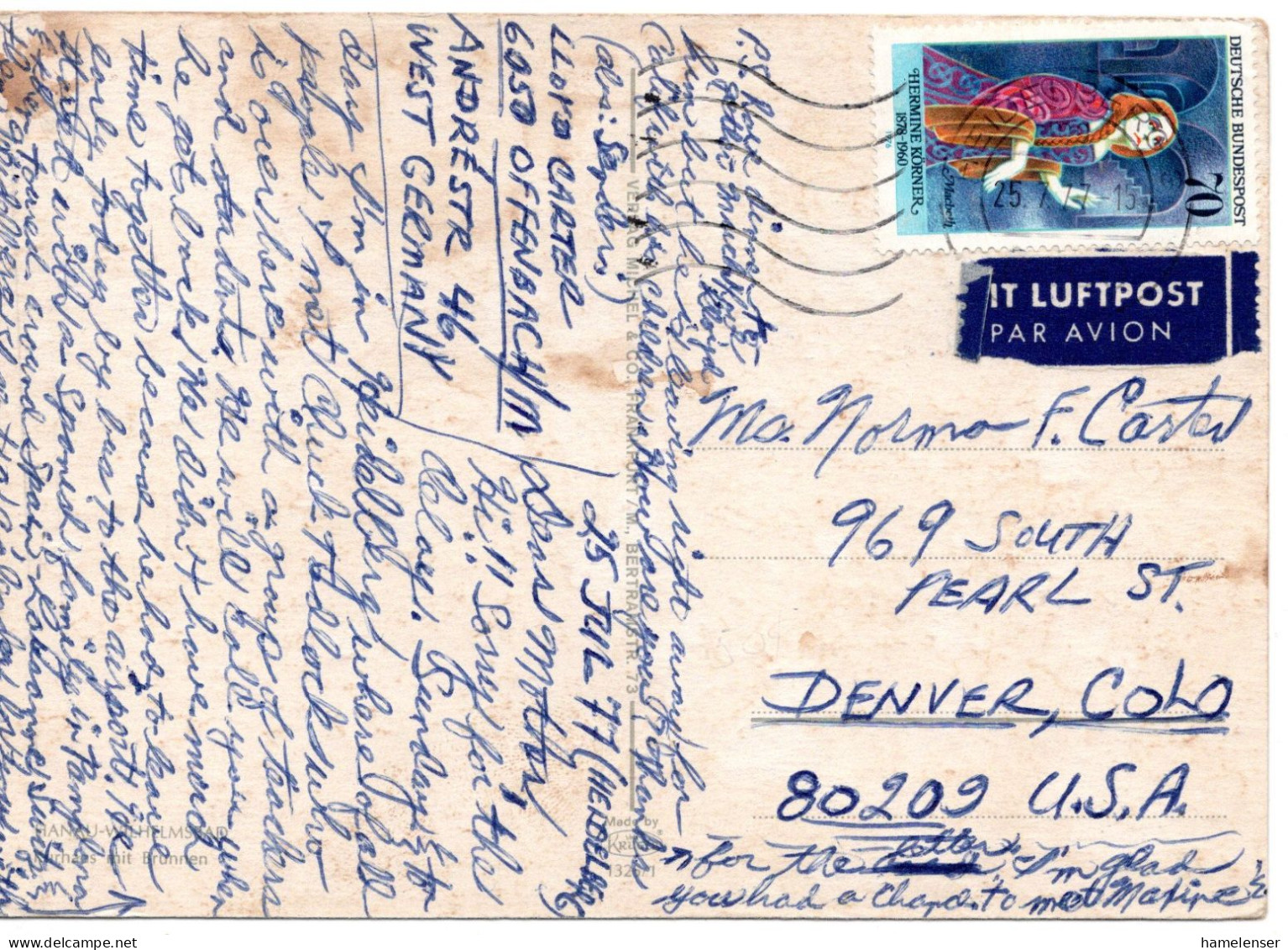 70256 - Bund - 1977 - 70Pfg Koerner EF A LpAnsKte HEIDELBERG -> Denver, CO (USA) - Briefe U. Dokumente