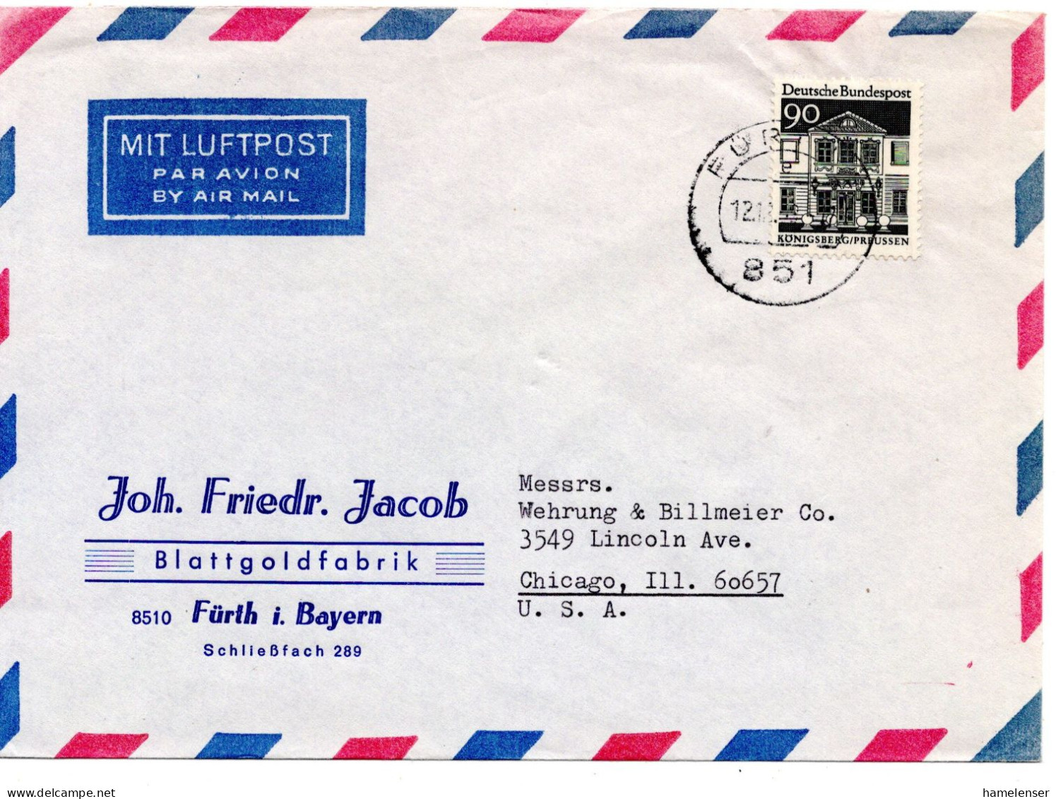 70259 - Bund - 1968 - 90Pfg Gr.Bauten EF A LpBf FUERTH -> Chicago, IL (USA) - Briefe U. Dokumente