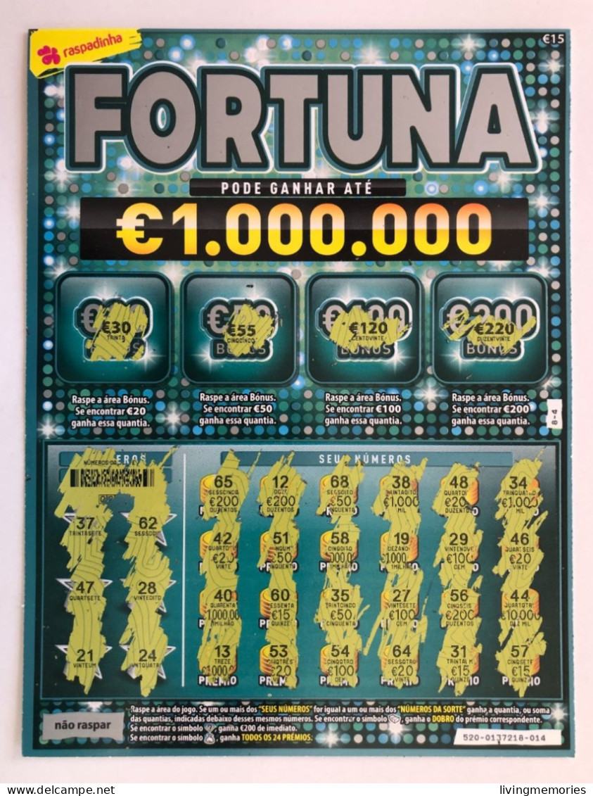 103, Lottery Tickets, Portugal, « Raspadinha », « Instant Lottery », « FORTUNA », Nº 520 - Billets De Loterie