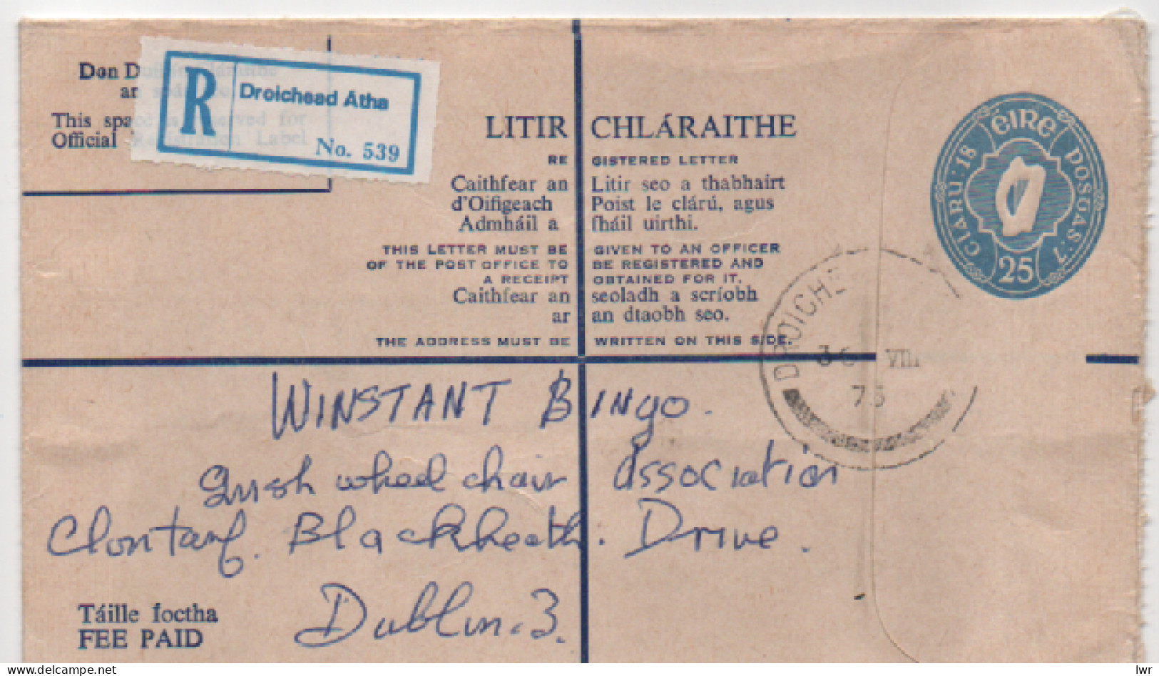 Ireland - Registered Letter - Droichead Atha - Harp - No. 539 - Enteros Postales