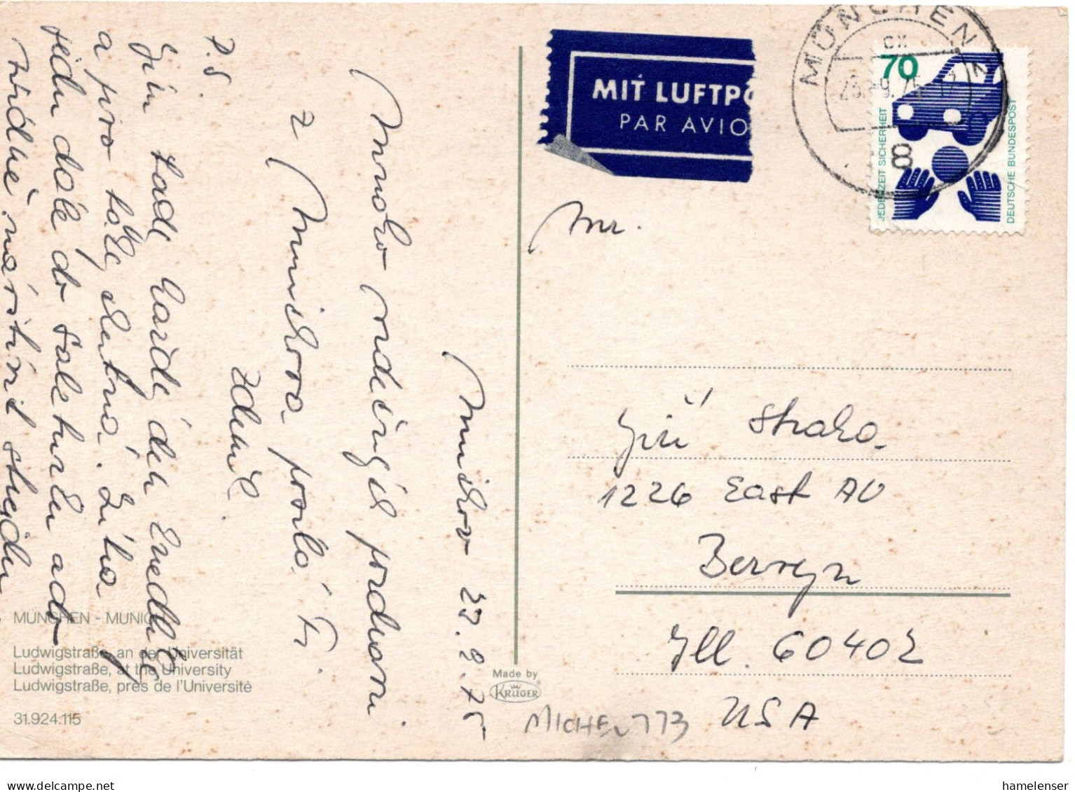 70265 - Bund - 1975 - 70Pfg Unfall EF A LpAnsKte MUENCHEN -> Berwyn, IL (USA) - Lettres & Documents