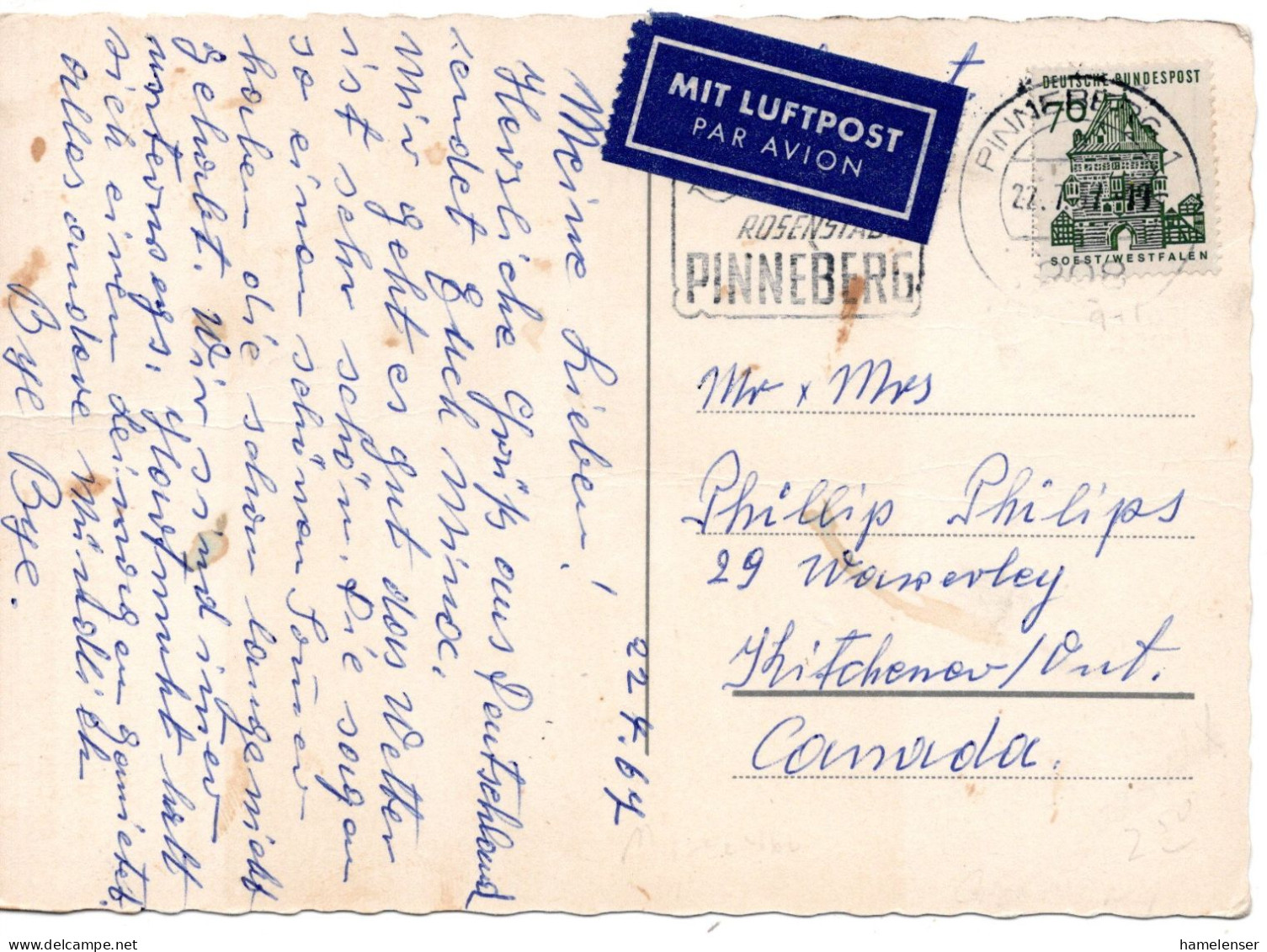 70267 - Bund - 1967 - 70Pfg Kl.Bauten EF A LpAnsKte PINNEBERG - ... -> Kitchener, ON (Canada) - Storia Postale