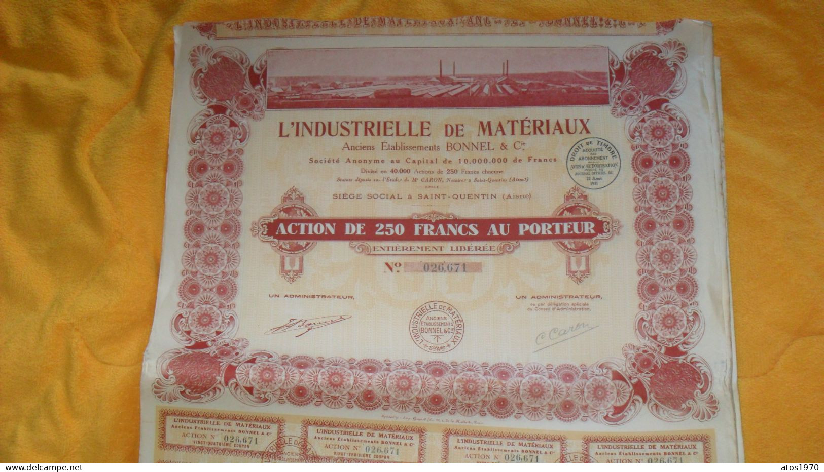 LOT DE 45 ACTIONS DE 250 FRANCS AU PORTEUR L'INDUSTRIELLE DE MATERIAUX SAINT QUENTIN AISNE..AVEC COUPONS - G - I