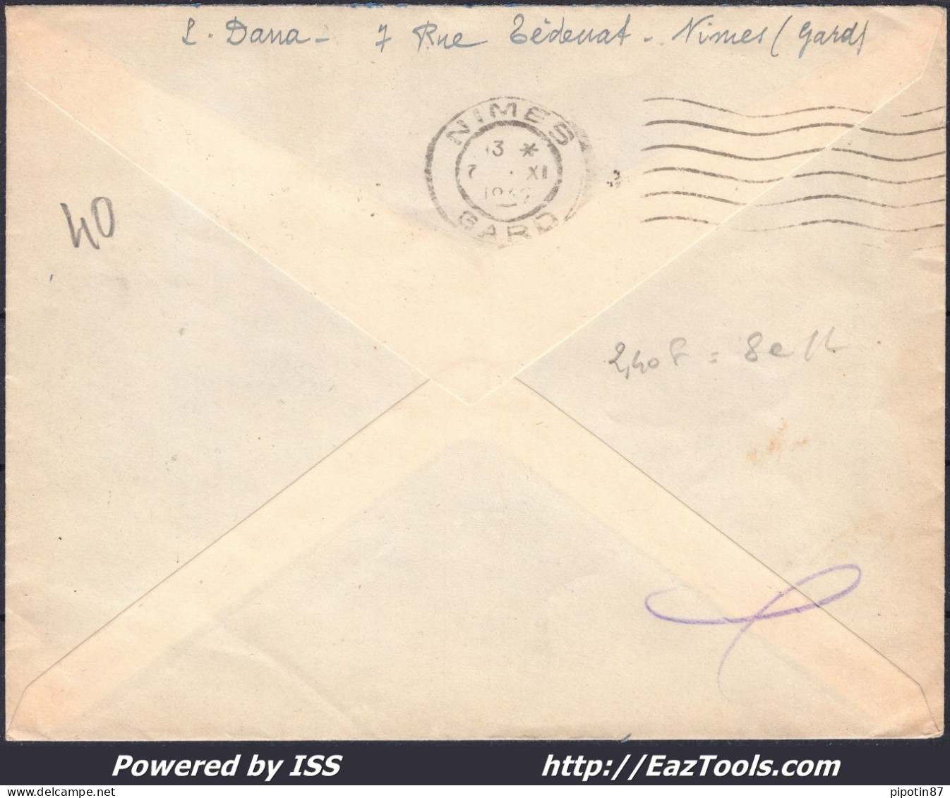 FRANCE N° 519+547x2 SUR LETTRE PAR AVION POUR ALGER + CAD NIMES DU 07/11/1942 - Covers & Documents