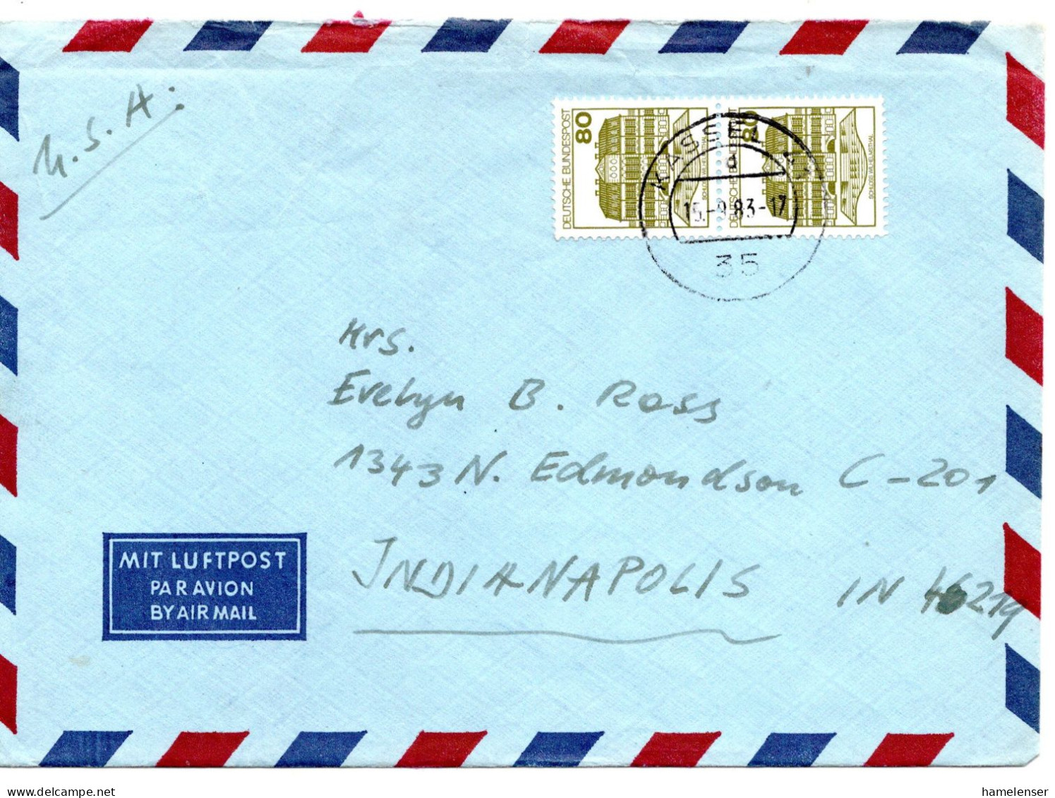 70269 - Bund - 1983 - 2@80Pfg B&S A LpBf KASSEL -> Indianapolis, IN (USA) - Cartas & Documentos