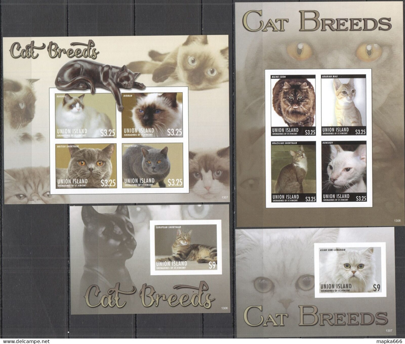 Ss0949 Imperforate 2013 Union Island Fauna Pets Cats Cat Breeds 2Bl+2Kb Mnh - Chats Domestiques