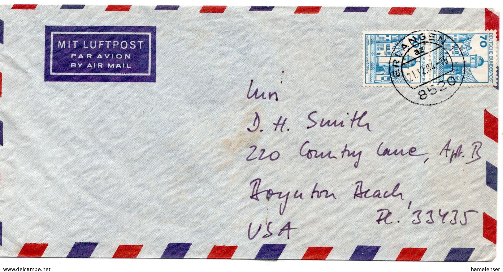 70271 - Bund - 1984 - 2@70Pfg B&S A LpBf ERLANGEN -> Boynton Beach, FL (USA) - Lettres & Documents