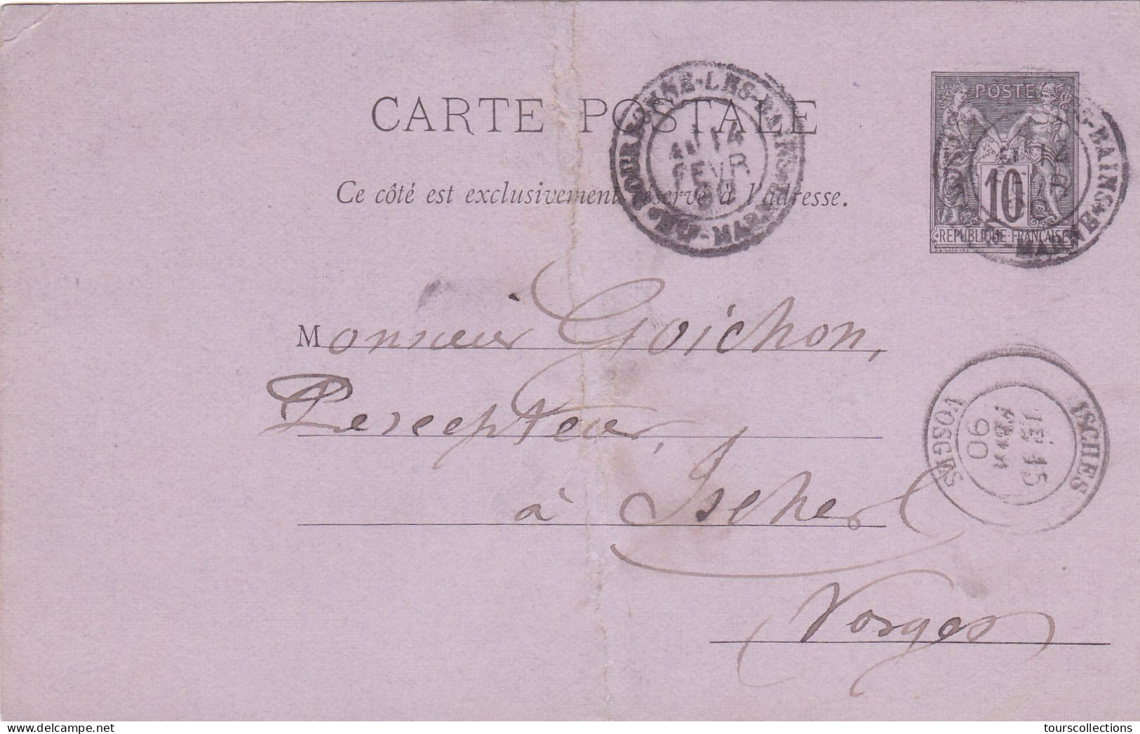 ENTIER POSTAL SAGE CARTE POSTALE De 1890 Cachet Bourbonnes 52 à Isches 88 Vosges - Guillie à Goichon Percepteur Impôts - Cartes Précurseurs