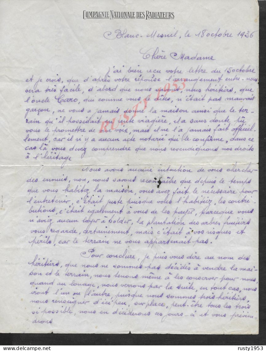 LETTRE COMMERCIALE DE 1936 COMPAGNIE NATIONALE DES RADIATEURS ECRITE DE BLANC MESNIL 1936 PETIT TROU : - Elektriciteit En Gas