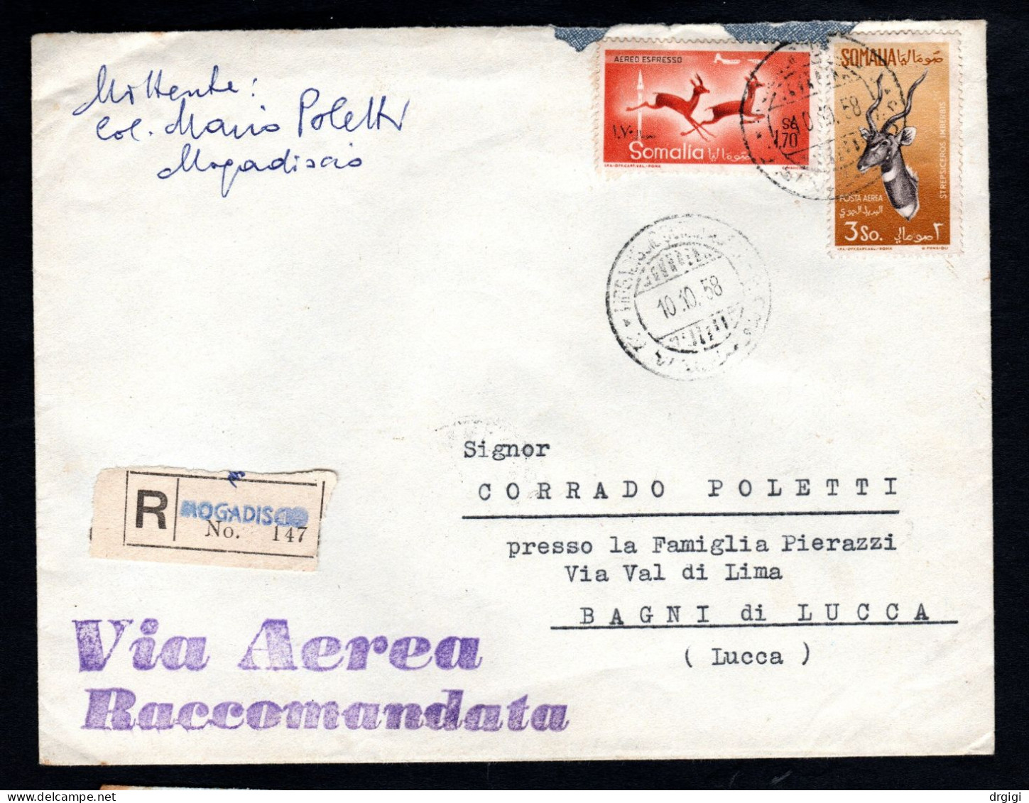 Somalia AFIS, POSTA VIAGGIATA 1958, MOGADISCIO PER BAGNI DI LUCCA - Somalië (AFIS)