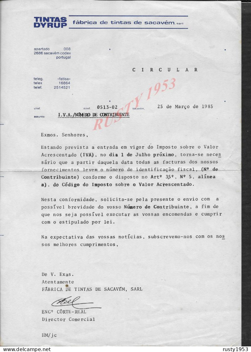 PORTUGAL LETTRE COMMERCIALE PEINTURE TINTAS DYRUP USINE A SACAVÉM 1985 : - Portogallo