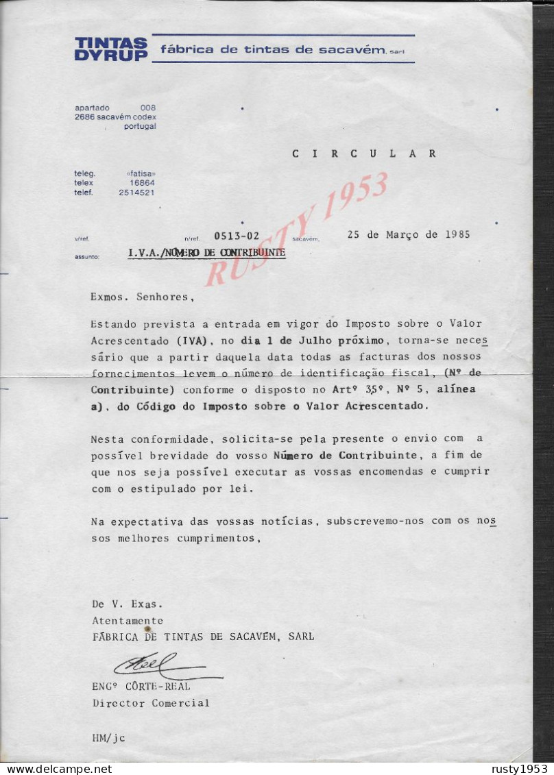 PORTUGAL LETTRE COMMERCIALE PEINTURE TINTAS DYRUP USINE A SACAVÉM 1985 : - Portugal