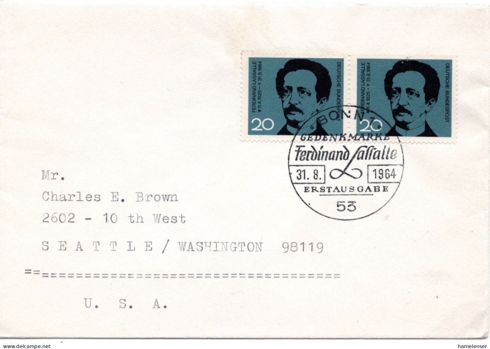 70276 - Bund - 1964 - 2@20Pfg Lassalle A Bf ESST BONN - ... -> Seattle, WA (USA) - Cartas & Documentos