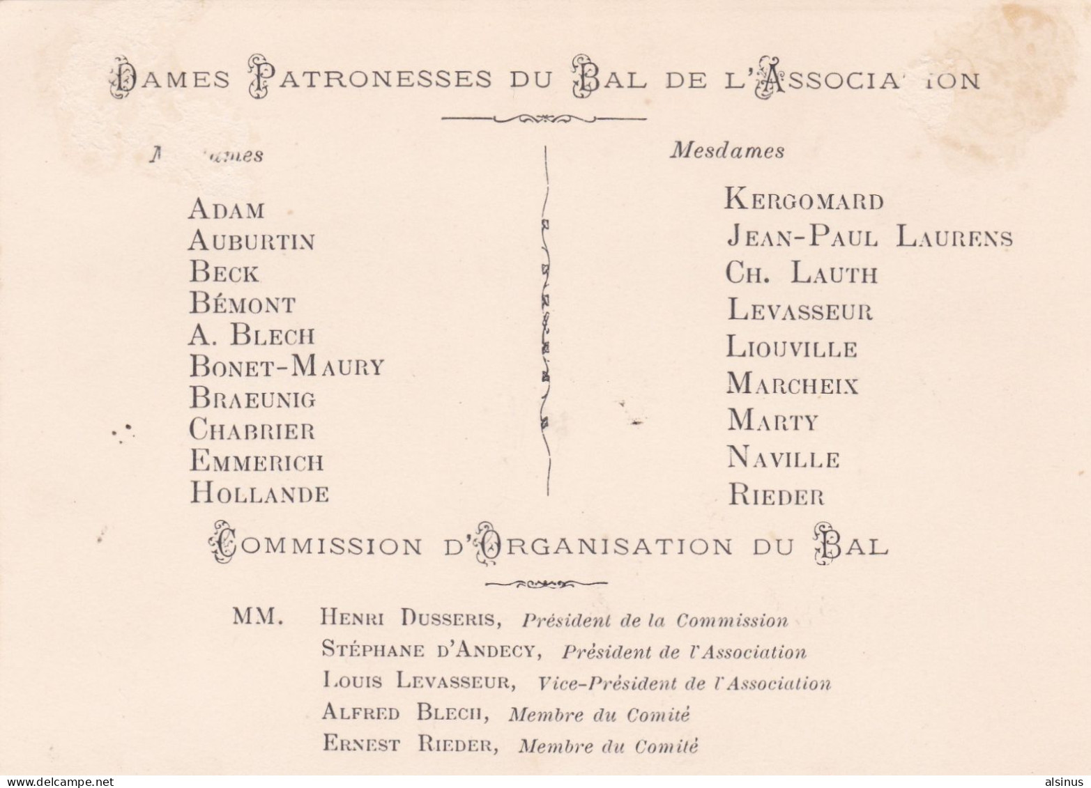 ASSOCIATION ANCIENS ELEVES ECOLE ALSACIENNE - INVITATION POUR LE BAL DU 26 MARS 1887 - 109 RUE NOTRE DAME DES CHAMPS - Autres & Non Classés