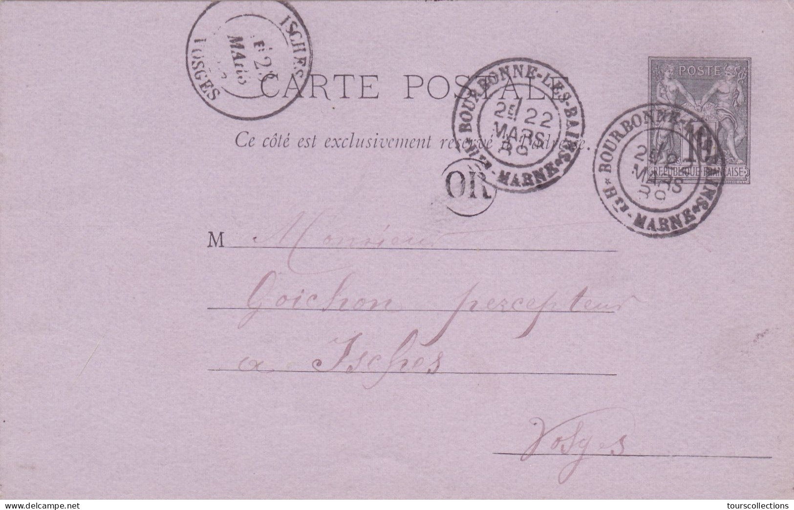 ENTIER POSTAL SAGE CARTE POSTALE De 1889 Cachet OR Bourbonnes 52 à Isches 88 Vosges - Flosio à Goichon Percepteur Impôts - Cartes Précurseurs